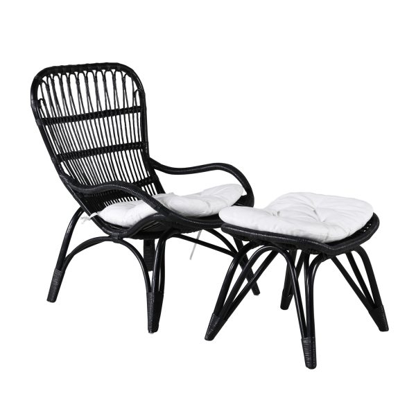 VENTURE DESIGN Ella loungestol, m. fodskammel og hynde - offwhite polyester og sort bambus/rattan